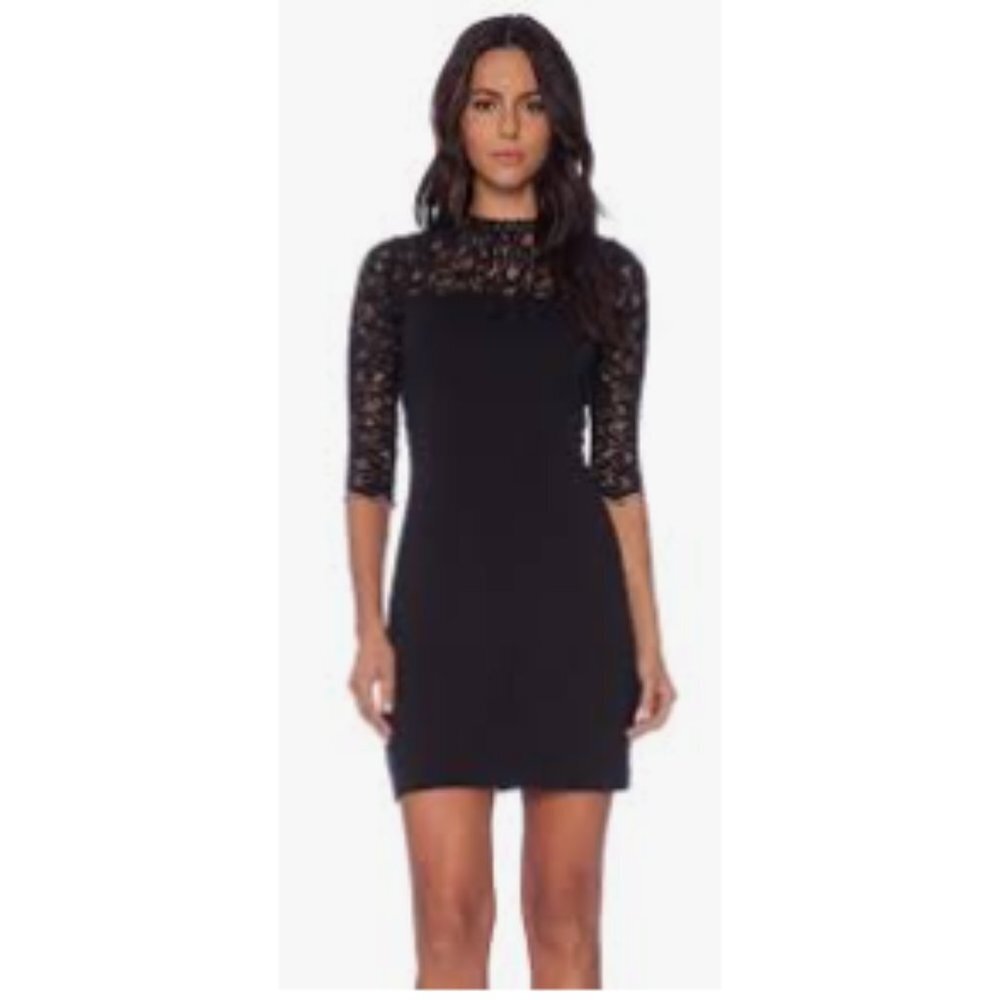 Guess Black Lace Trim 1/2 Sleeve Fitted High Neck Mini Dress size XS